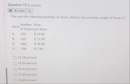 Question 7 5 ( 2 points ) You own the following