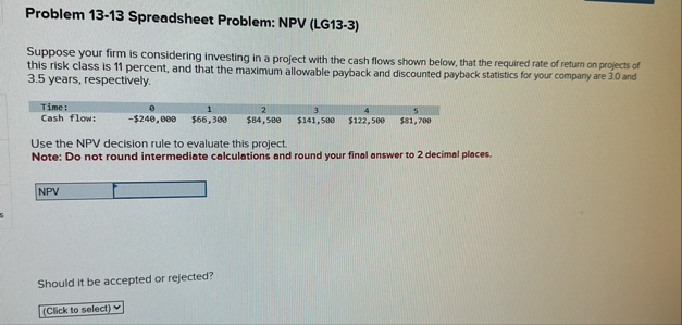 Problem 1 3 - 1 3 Spreadsheet Problem: NPV ( LG 1