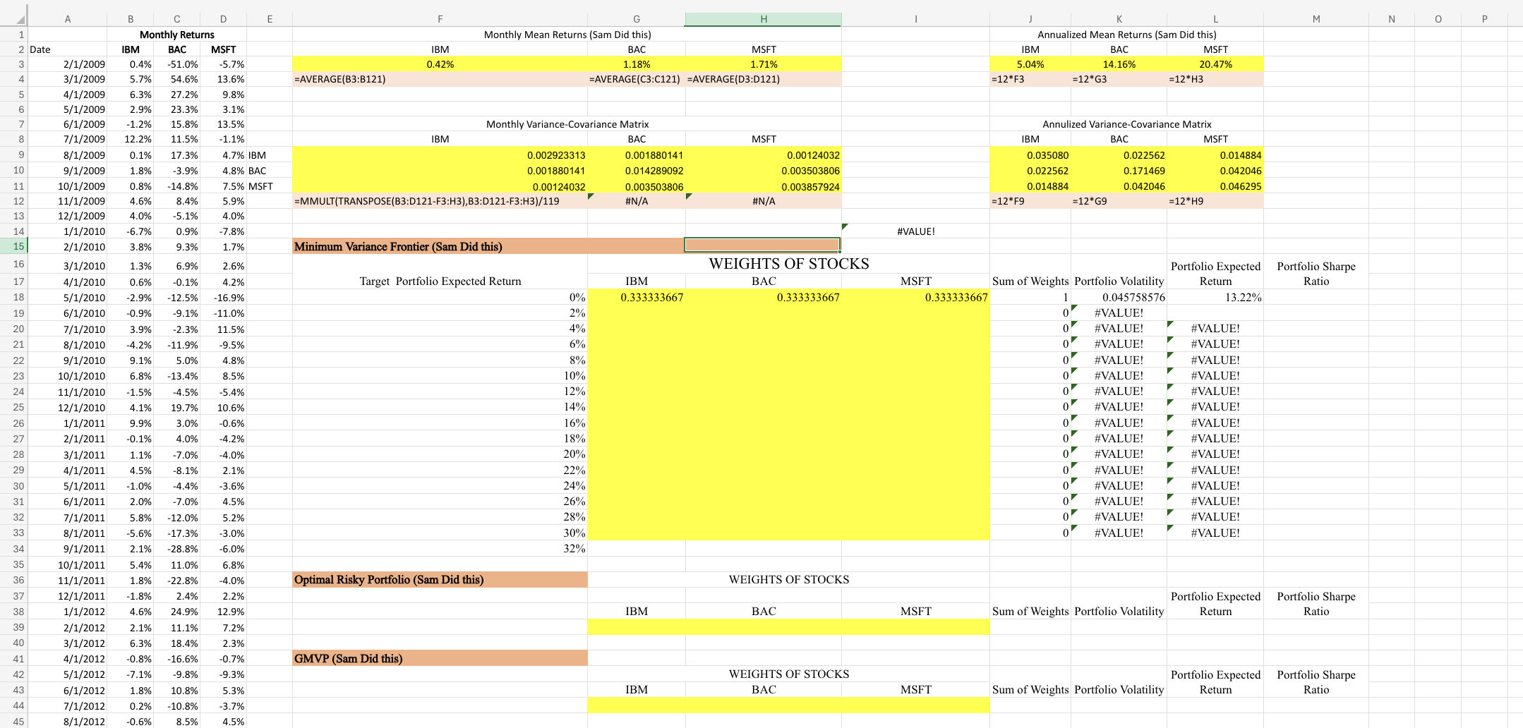 Q 3 . Use the monthly return data for IBM, BAC,