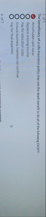 3 of 7 The beneficiary of a Life insurance policy