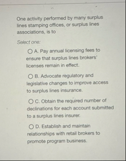 One activity performed by many surplus lines