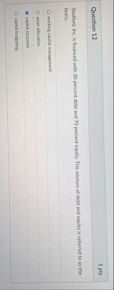 Question 1 2 1 pts Stadford, Inc. is financed