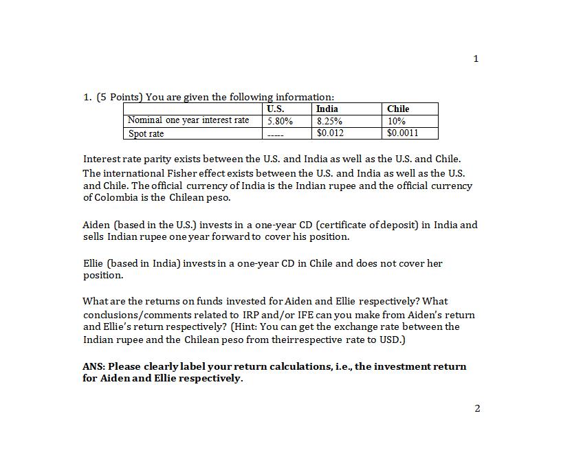 You are given the following information: U . S .