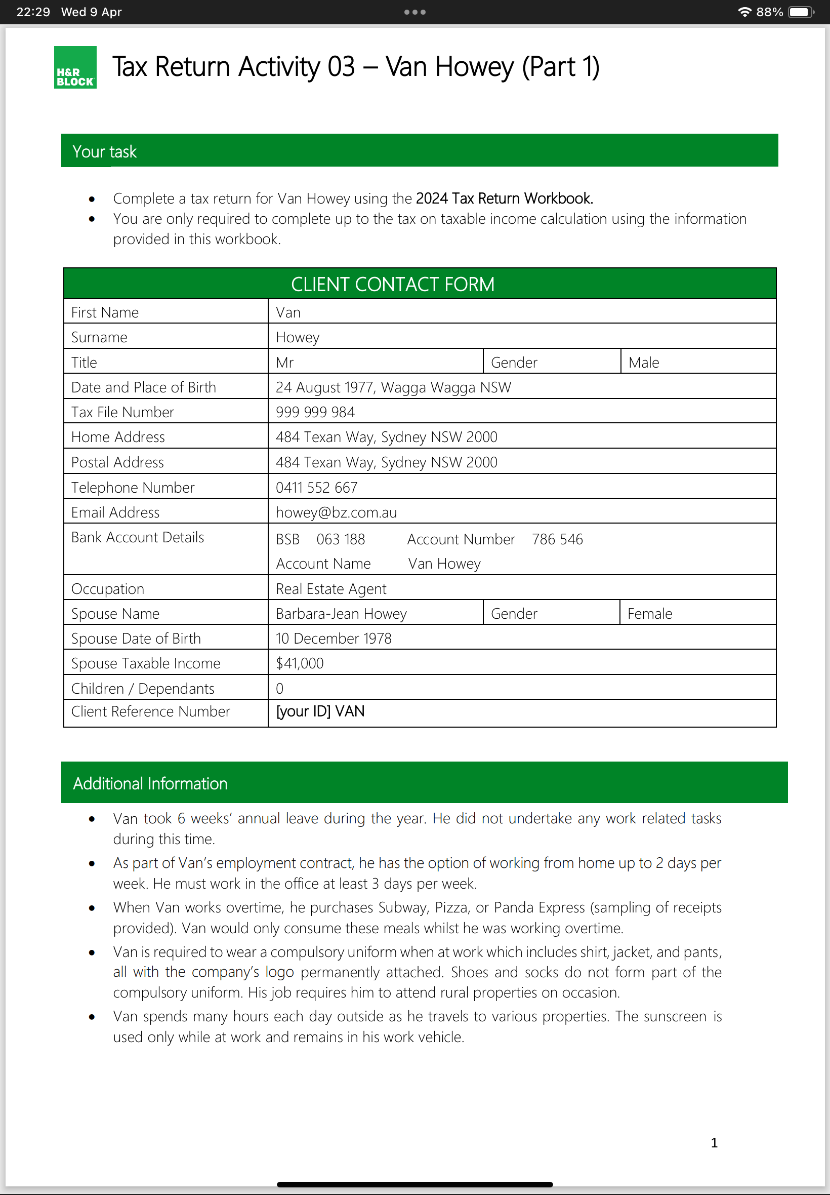 our task ? Complete a tax return for Van Howey