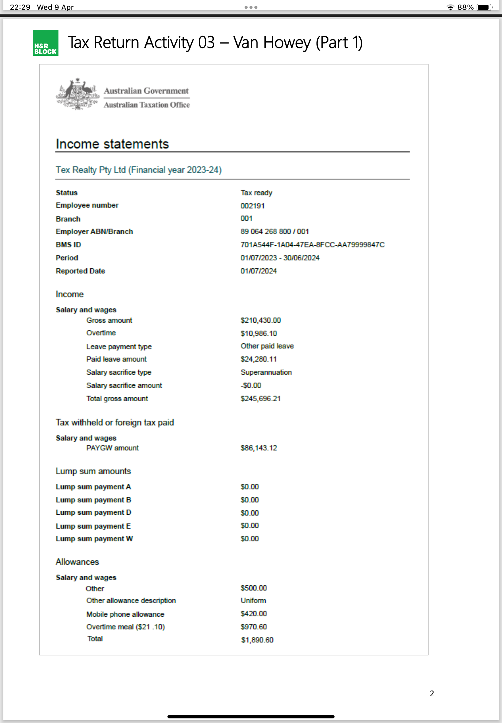 our task ? Complete a tax return for Van Howey
