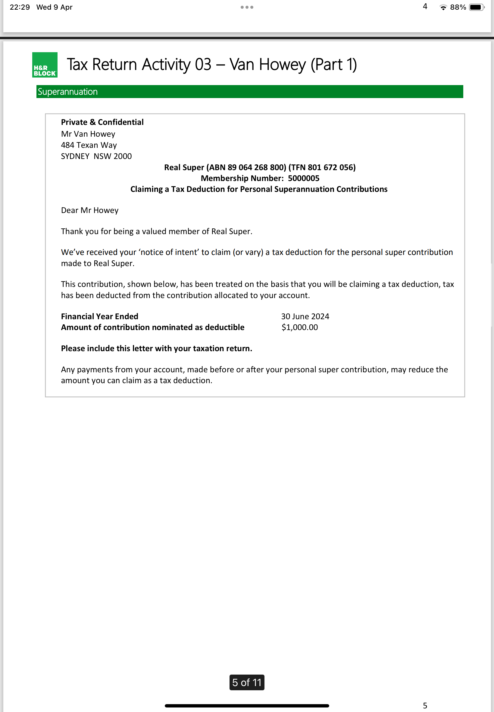 our task ? Complete a tax return for Van Howey