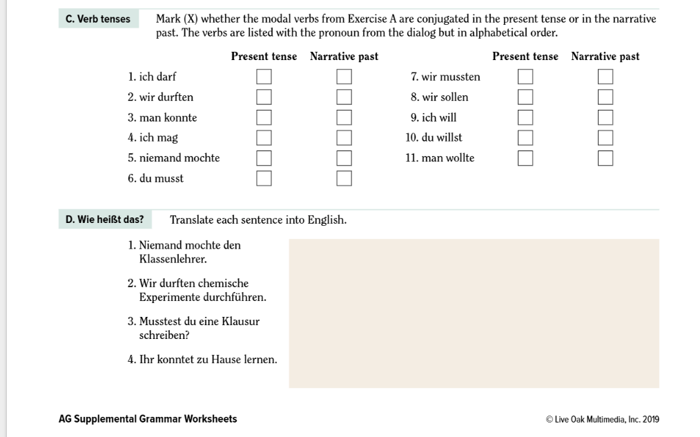 answer this C. Verb tenses Mark (X) whether the