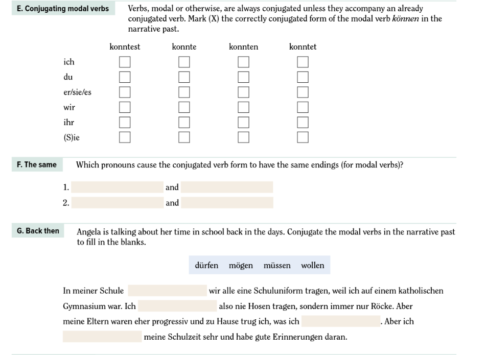 answer this E. Conjugating modal verbs Verbs,