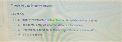 Threats to data integrity include: Select one: a
