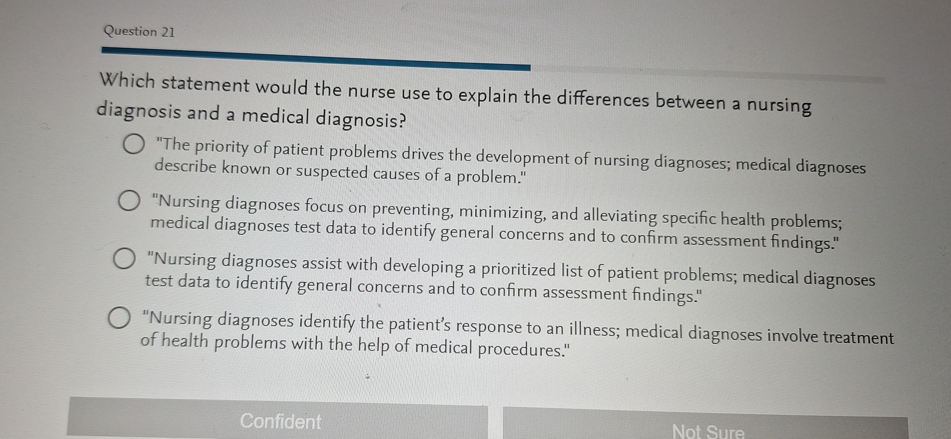 A Question 21 Which statement would the nurse use