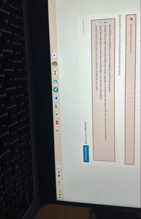Your answer is incorrect. Dividends in arrears on