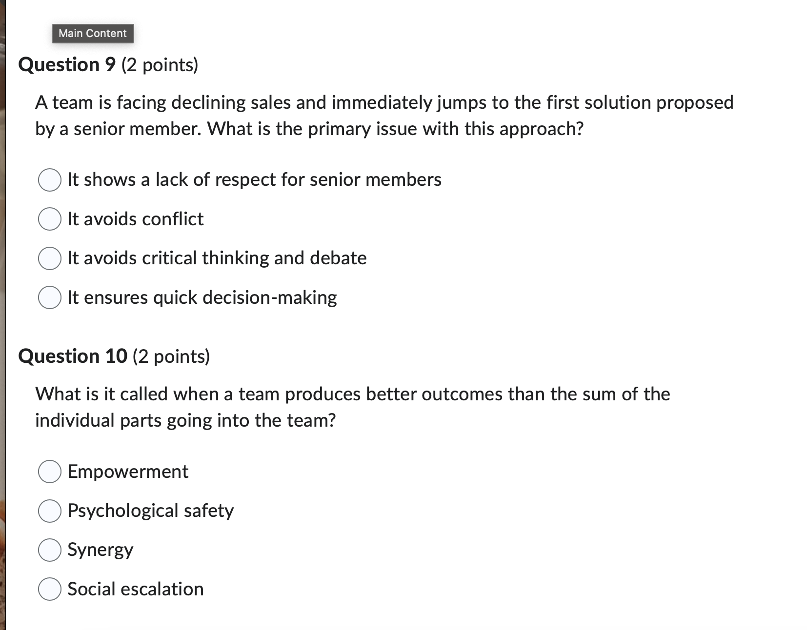 answer this Question 9 (2 points) A team is