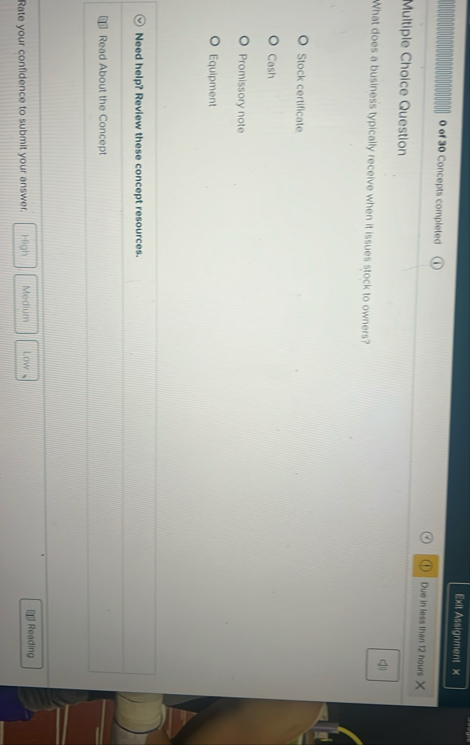 Exil Arsignment 0 of 3 0 Concepts completed Due