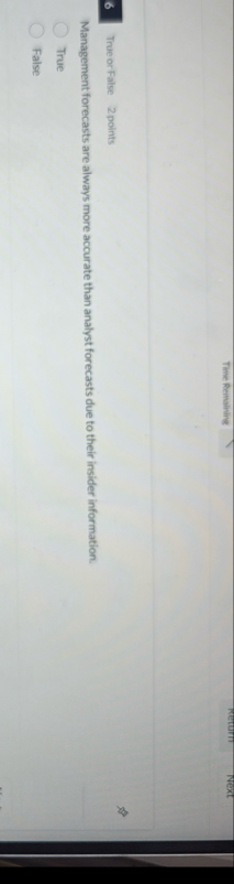 Time Remalitive veturn Next 6 True or False 2