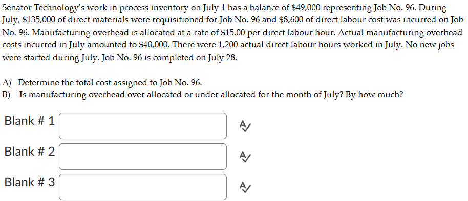 Senator Technology's work in process inventory on