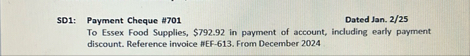 SD 1 : Payment Cheque # 7 0 1 Dated Jan. 2 / 2 5