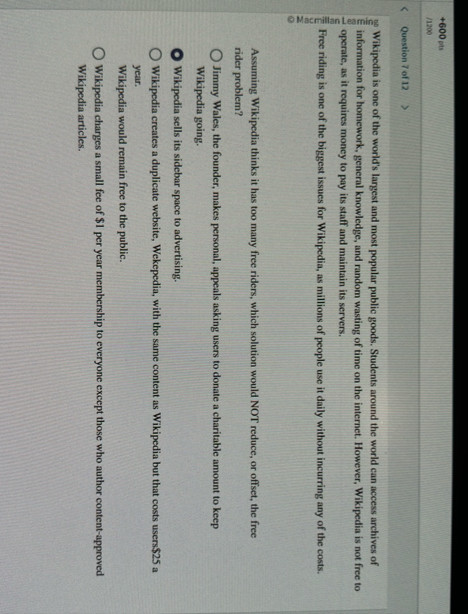 6 0 0 pts / 1 2 0 0 Question 7 of 1 2 Wikipedia