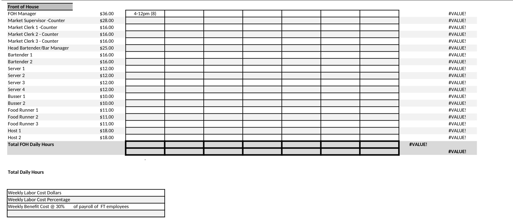 Formulas: Preliminary Labor Cost = Hours