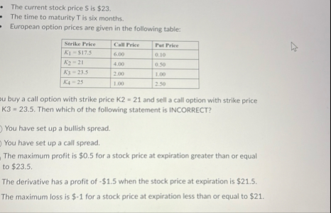The current stock price S is $ 2 3 . The time to