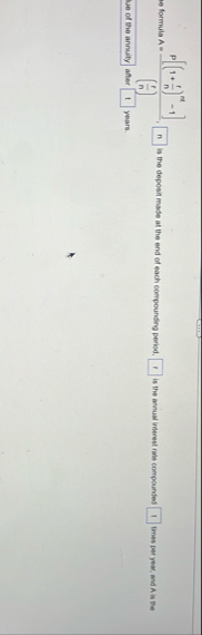 e formula A = P [ ( 1 r n ) n t - 1 ] ( E ) is