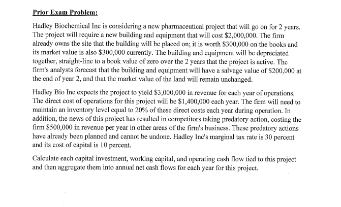 Prior Exam Problem: Hadley Biochemical Inc is