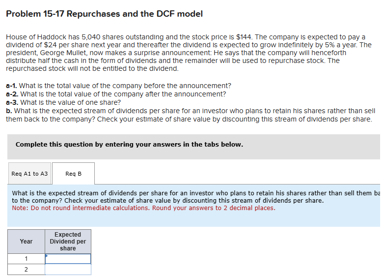 Problem 1 5 - 1 7 Repurchases and the DCF model