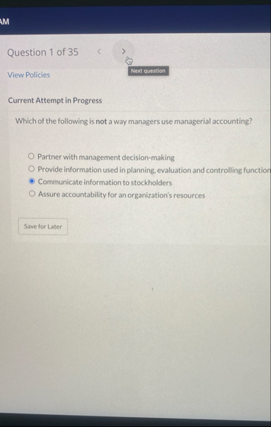 Question 1 of 3 5 View Policies Current Attempt