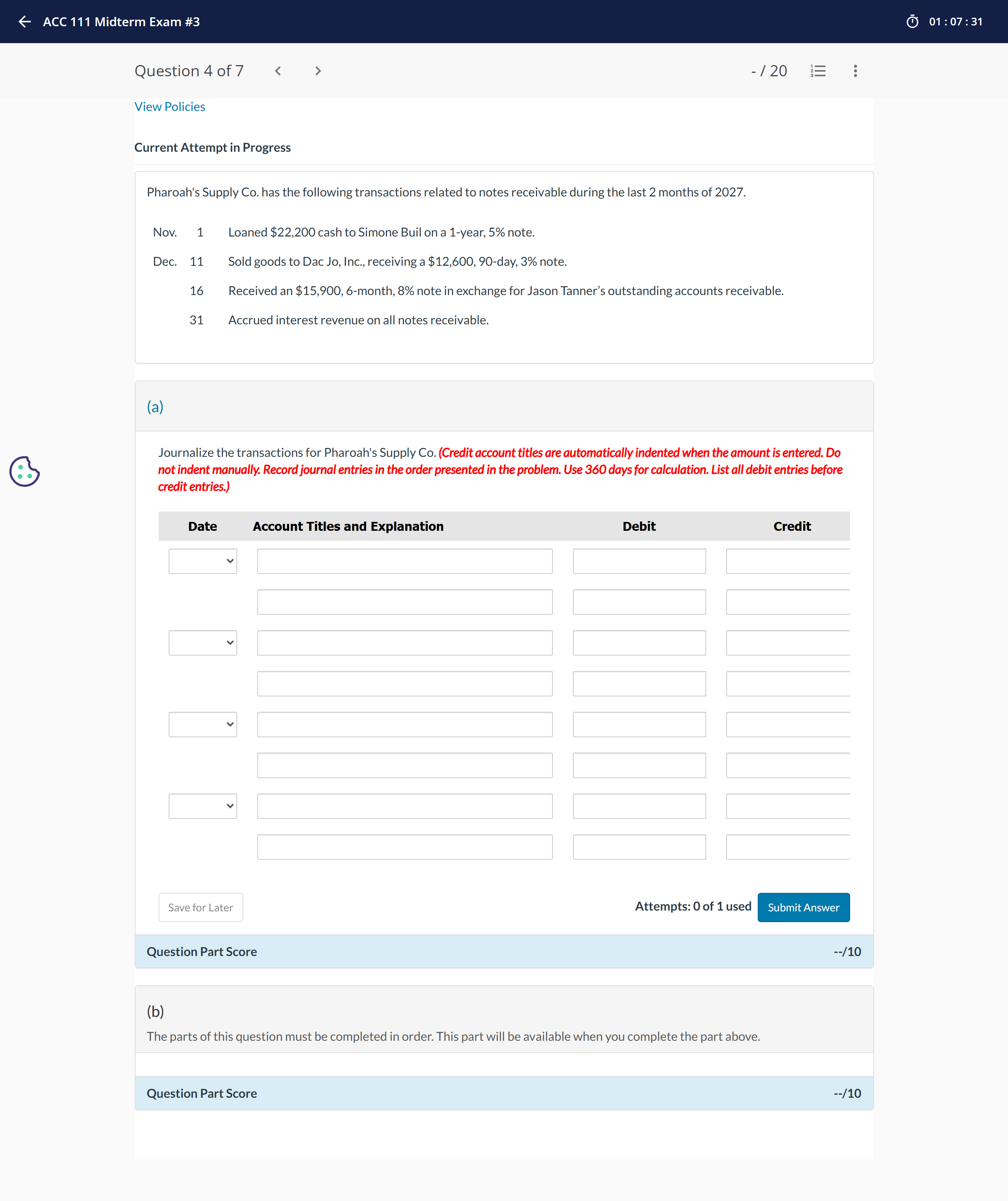 Accounting - ACC 111 Midterm Exam #3 01 : 07 : 31