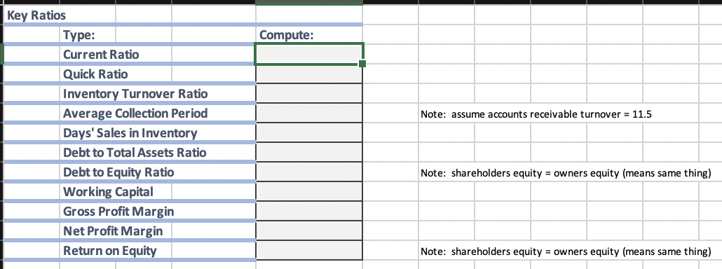 Excel Assignment: Key Ratios This is an