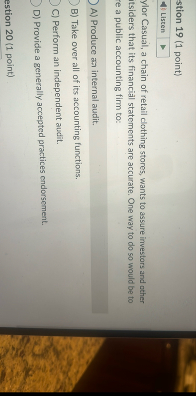 stion 1 9 ( 1 point ) ylor Casual, a chain of