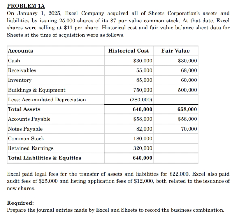 PROBLEM 1 A On January 1 , 2 0 2 5 , Excel
