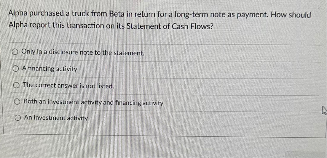 Alpha purchased a truck from Beta in return for a