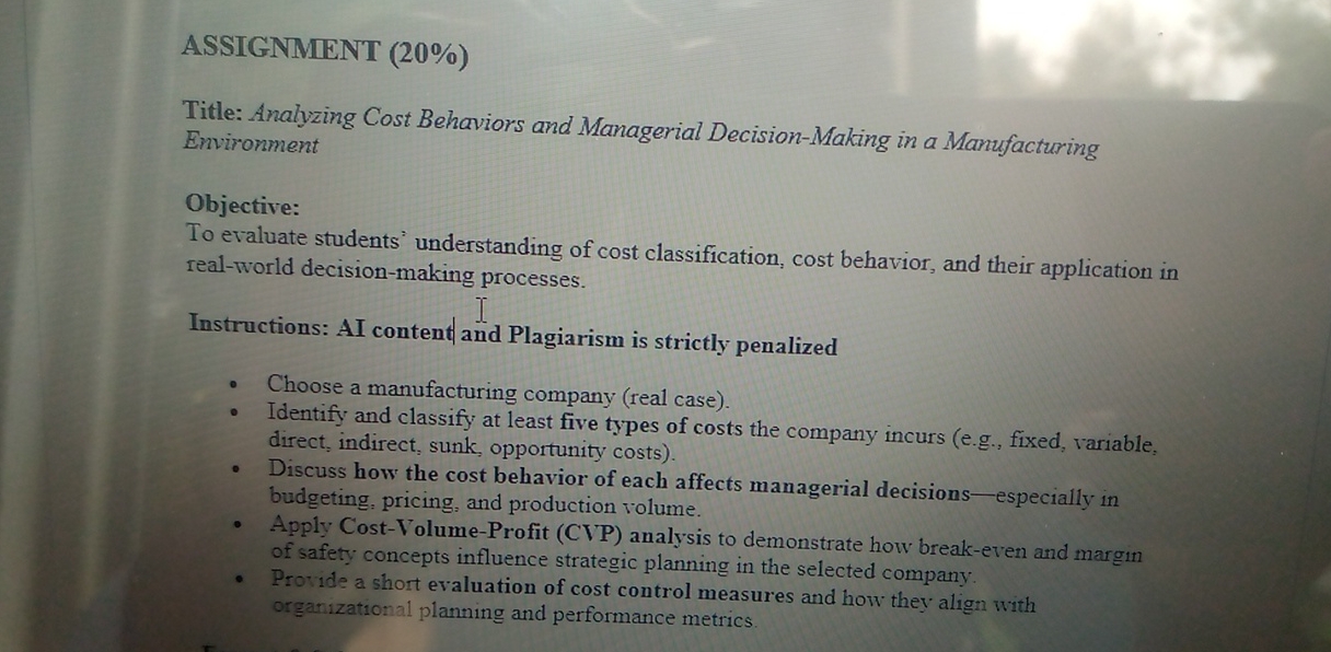 ASSIGNMENT ( 2 0 % ) Title: Analyzing Cost