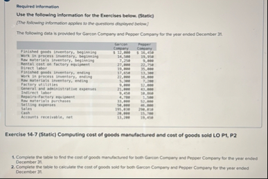 Required inflormation Use the following