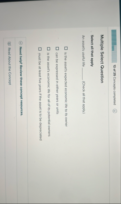 1 2 of 2 5 Concepts completed Multiple Select