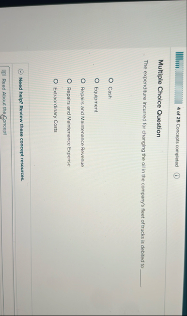4 of 2 5 Concepts completed Multiple Choice