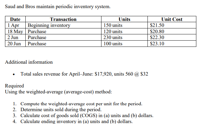 Saud and Bros maintain periodic inventory system.
