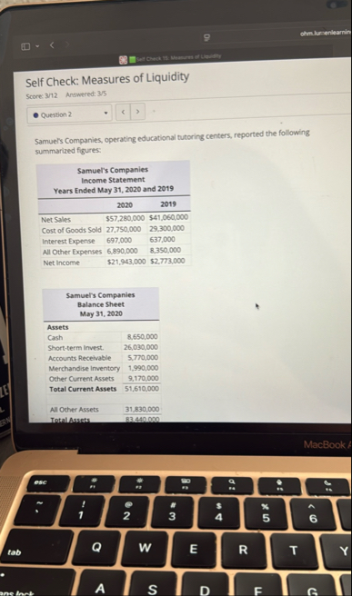 Self Check: Measures of Liquidity Score: 3 / 1 2