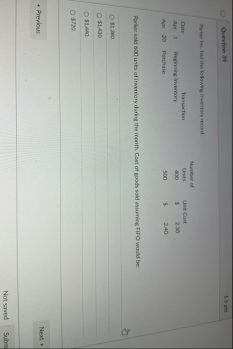 Question 3 9 1 . 5 pts Parker Inc. had the