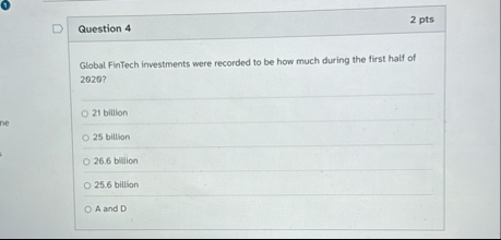 Question 4 2 pts Global FinTech investments were