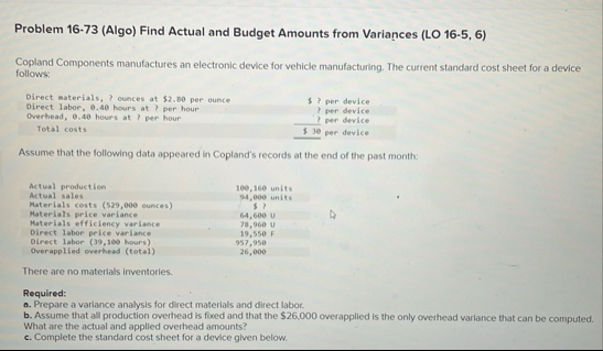 Problem 1 6 - 7 3 ( Algo ) Find Actual and Budget