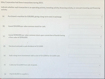 Kiley Corporation had these tramactions during 2