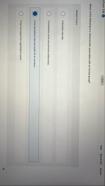 Exam: 5 / 8 ) Help Save 8 Exit Submit Which of