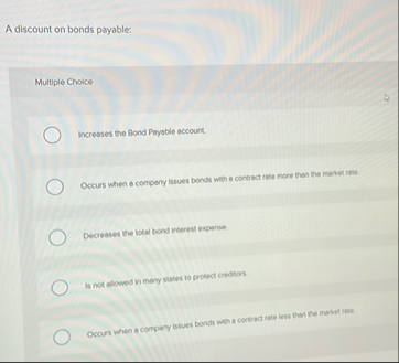 A discount on bonds payable: Multiple Choice