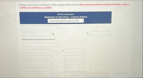 Prepare a statement of carh flows for 2 0 2 2