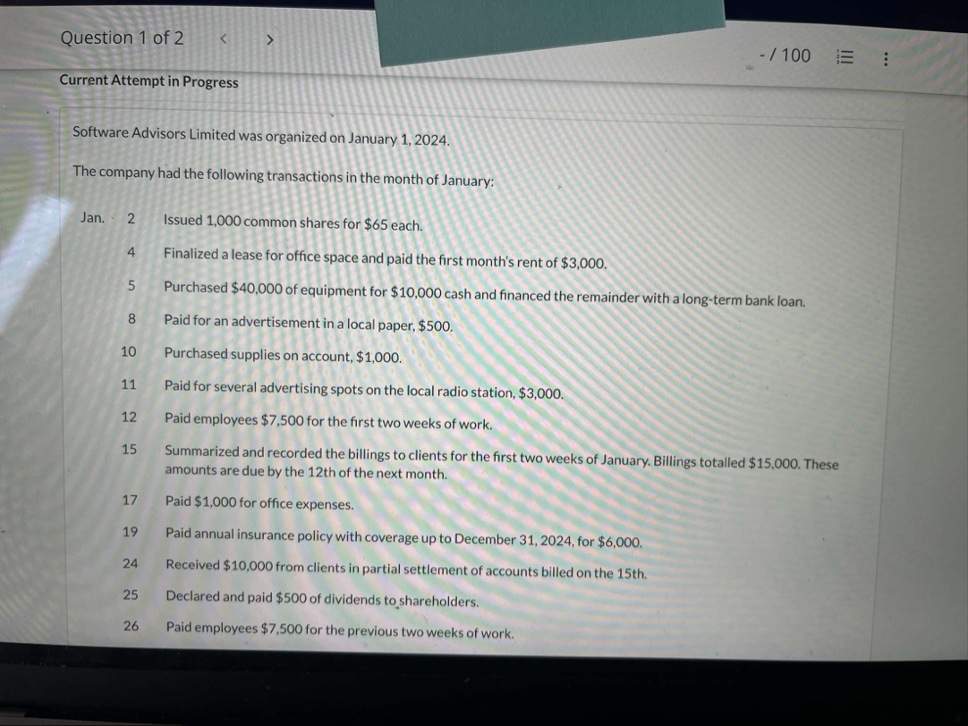 Question 1 of 2 1 0 0 Current Attempt in Progress