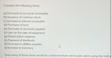 Consider the following litems: ( a ) Decrease in