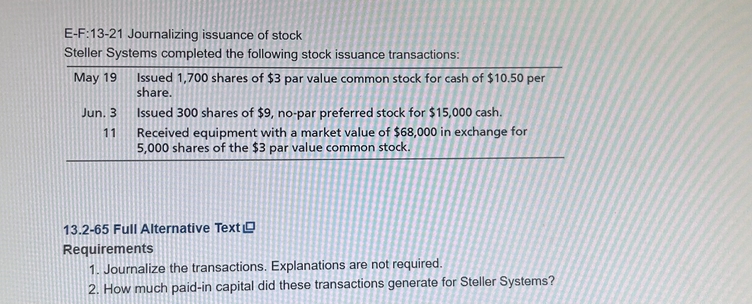 E - F: 1 3 - 2 1 Journalizing issuance of stock