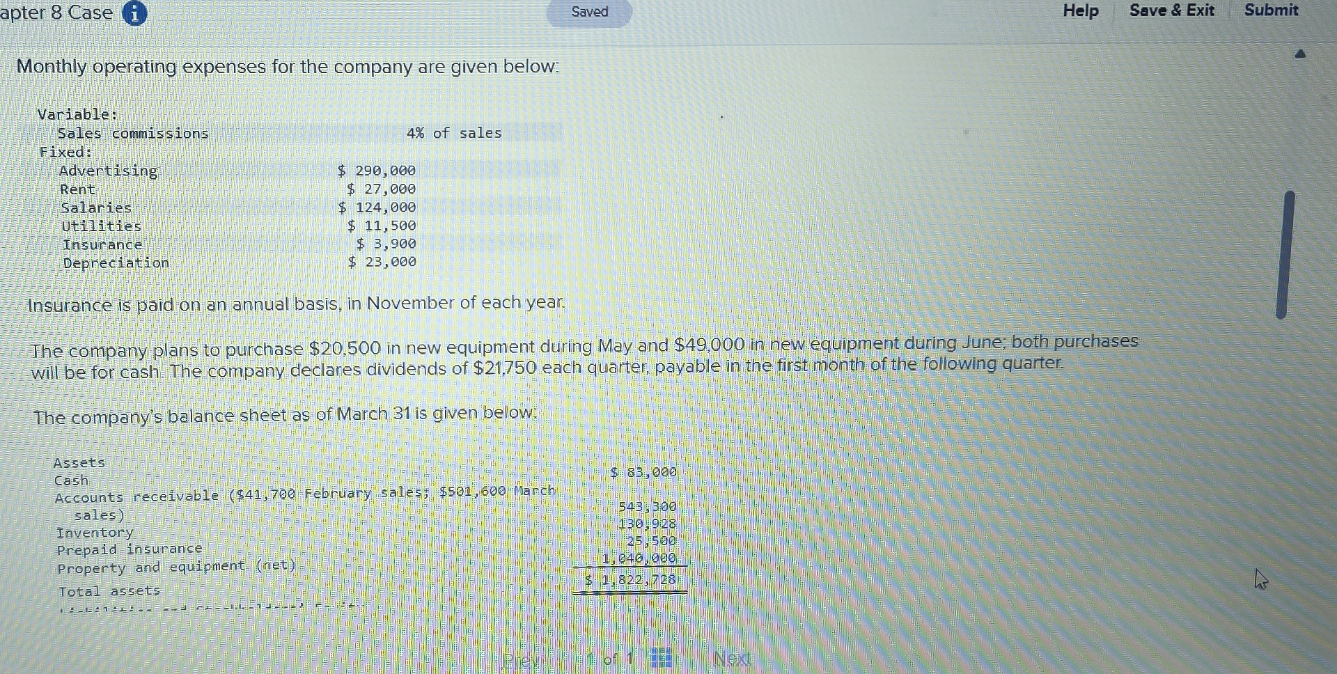 apter 8 Case ( i Saved Help Save & Exit Submit