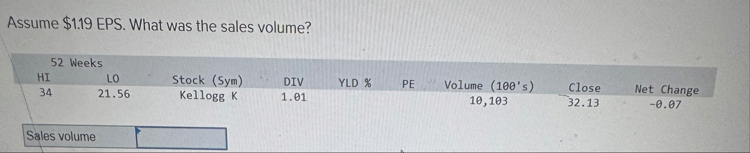 Assume $ 1 . 1 9 EPS. What was the sales volume?